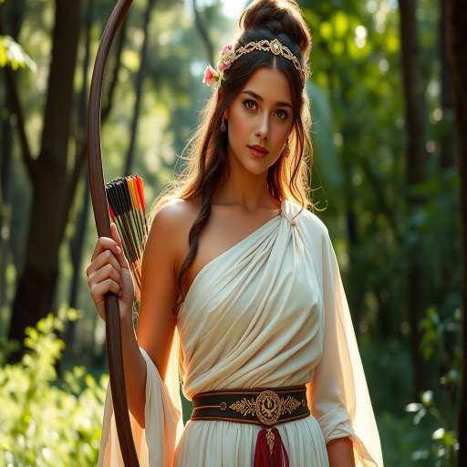 Create a portrait of a goddess-like Aymara girl figure in a tranquil, forested environment. She has an elegant appearance with long, wavy hair styled in an updo and adorned with a delicate, floral headband. She wears a flowing, ancient Greek-inspired gown in a soft, pale color, featuring a one-shoulder design and draped fabric that accentuates her graceful form. The outfit includes a decorative belt with ornate gold detailing, and she holds a bow in her hand, with a quiver of arrows slung over her shoulder. The background depicts lush greenery, with sunlight filtering through the trees, casting a gentle, ethereal light on the scene. Her expression is calm and contemplative, embodying a sense of wisdom and serenity.