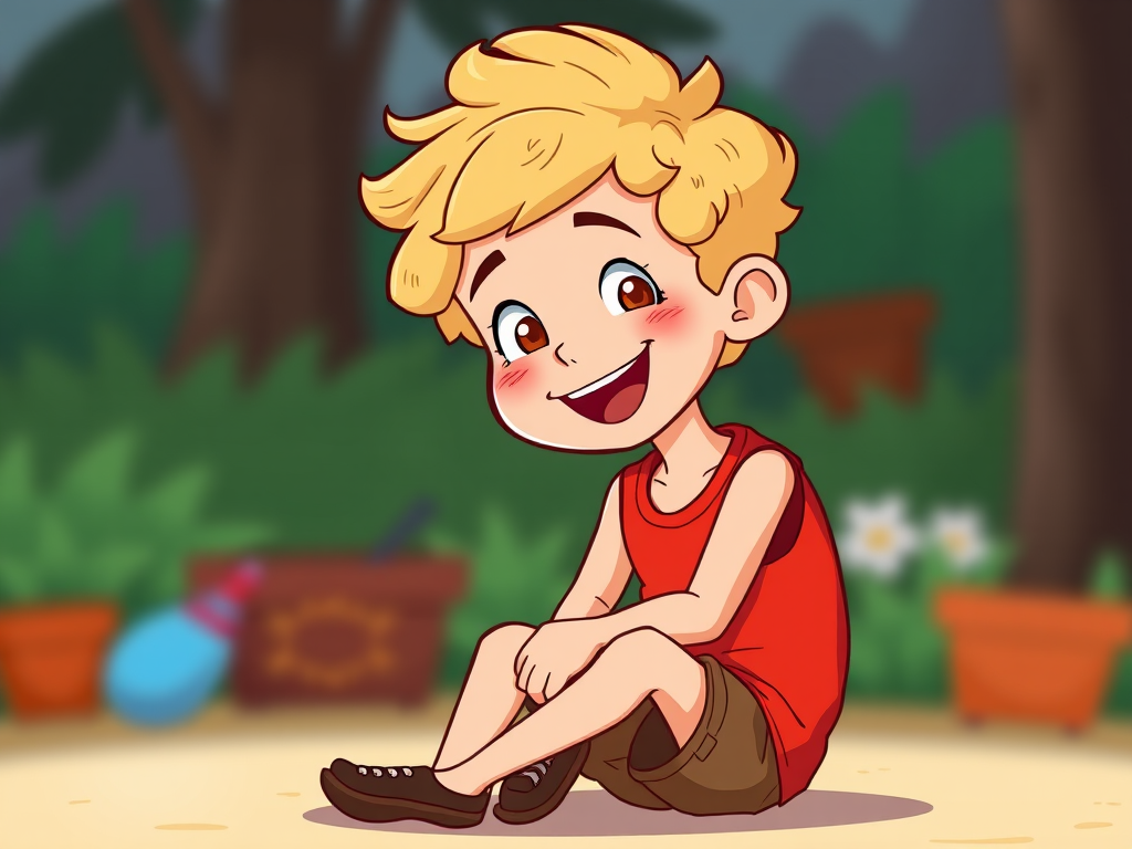 Create a cartoon-style illustration of a cheerful boy with curly blonde hair sitting down, wearing a red sleeveless shirt and brown shorts, focus on bright colors and clear outlines, shot with a Canon EOS R5 at f/2.8, 50mm lens, soft focus background for depth.