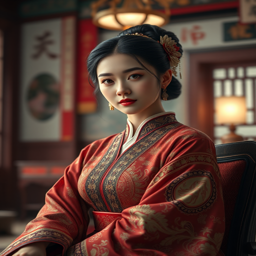 A beautiful woman in traditional East Asian attire, intricately detailed with embroidered patterns, sitting gracefully in a richly decorated room, soft ambient lighting, serene and elegant, ultra-realistic, 8K resolution