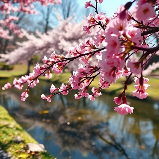 A serene cherry blossom landscape by a reflective pond on a sunny day with vibrant pink flowers, captured with a DSLR camera using a 50mm lens, f/2.8 aperture, ISO 100, and a shallow depth of field from a low angle perspective.
