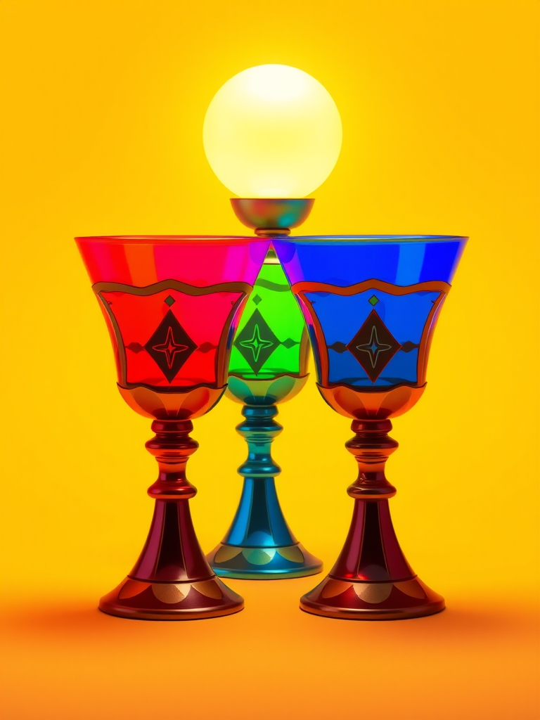 Create a stylized illustration of four colorful chalices with a round glowing orb on top, arranged horizontally with a yellow, pink, blue, and orange background, using a Canon EOS R5 with 50mm f/1.2 lens, aperture set to f/8, ISO 100, and soft diffused lighting to enhance colors and details.