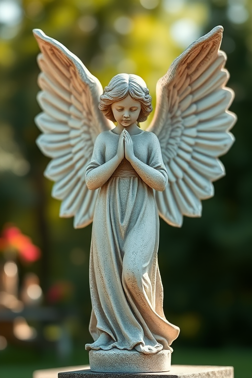 A serene angel statue with large, detailed wings, captured in soft natural light with a shallow depth of field, using a DSLR camera at f/2.8, ISO 100, 50mm lens, with a slight tilt-shift effect for artistic blur.