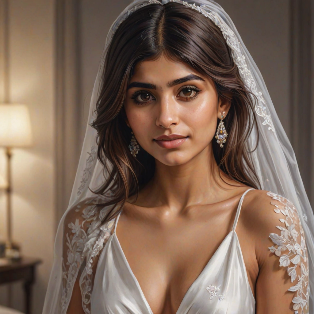 mia khalifa, digital painting,  digital illustration,  stunning girl, make up , white silk dress extreme detail,  digital art,  4k,  ultra hd