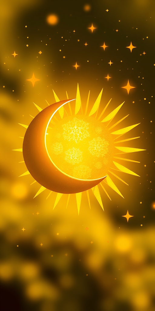 Create a vibrant illustration of a crescent moon, a radiant sun, and sparkling stars in warm yellow tones, with a soft focus effect, taken with a DSLR camera at f/2.8 aperture, ISO 100, 50mm lens, overhead view, and sunny daytime lighting.