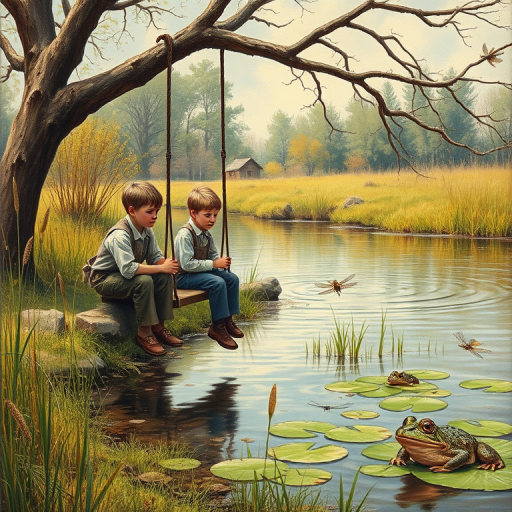 Imagine a small group of old fashioned young boys out fishing by the creek, a swing hanging from a tree branch, reeds and grasses by the water's edge, a frog sitting on a lily pad, dragonflies hovering over som water plans, a very iconic old fashioned scene reminiscent of a Norman Rockwell painting style