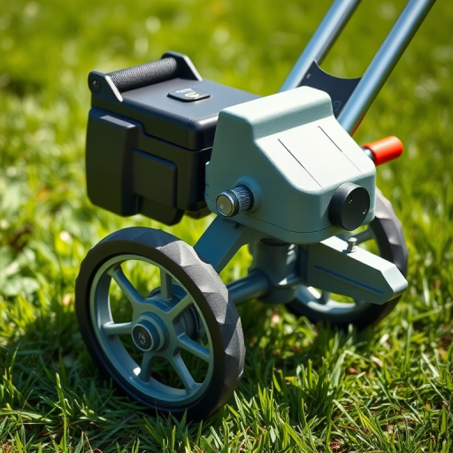 Create an image of a lawn aerator with a sleek modern design, focusing on the intricate details of the wheels and handles, shot with a Canon EOS R5, 50mm lens, f/2.8 aperture, ISO 100, in bright natural daylight for high clarity and vivid colors.