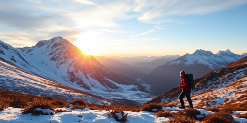 Generate a high-resolution image of a mountainous landscape with snow-covered slopes and a lone hiker in the foreground, captured at sunrise using a DSLR camera, 24mm lens, aperture f/8, ISO 100, and a shallow depth of field to emphasize the foreground details while softening the background mountains.