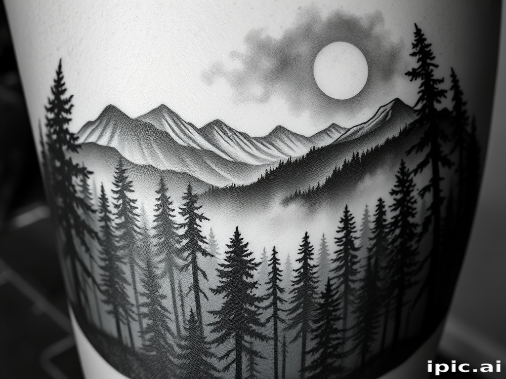 Photorealistic black and gray tattoo portraying a detailed forest scene with misty mountains and a moonlit sky, emphasizing light and shadow, dubbed "Ethereal Wilderness"