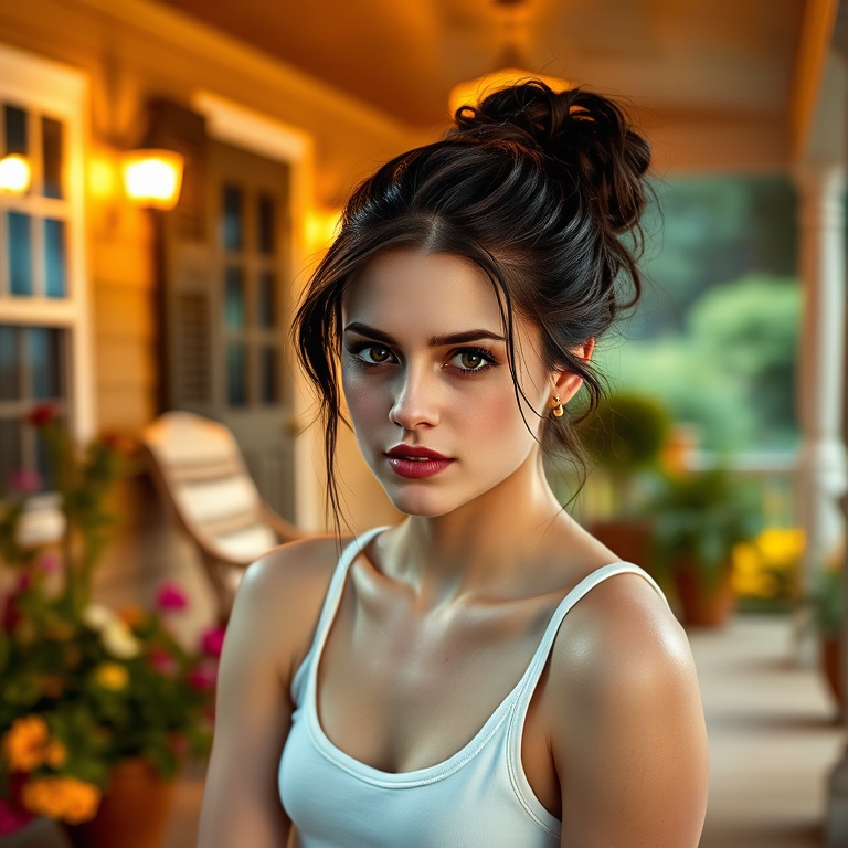 A photo of Kristen Stewart with a background of a cozy porch. She has dark hair pulled back in an updo, with tendrils framing her face. She wears a white tank top and sits on the porch. The porch is part of a well-lit home with a warm, earthy tone and colorful flowers and foliage. The overall scene has a warm, welcoming, and comfortable ambiance.