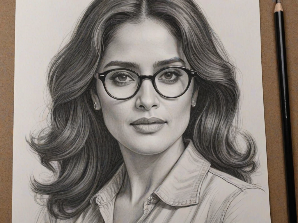 Ravishing Salma Hayek, pencil sketch, portrait of Splendid woman 1954s in glasses, hair style beatnik, outline, clear lines, fine lines, 8k