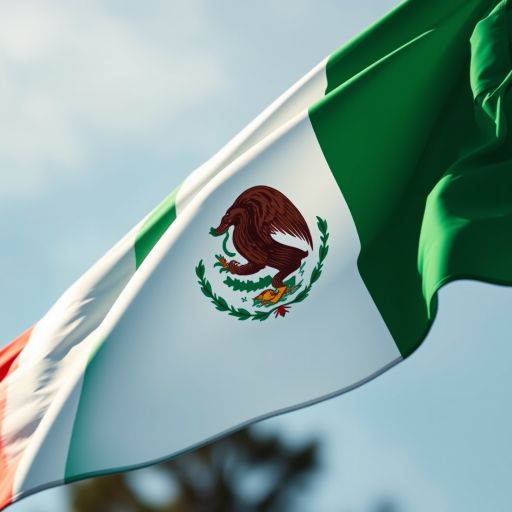 Create an image of the Mexican flag flowing gently in the wind, captured with a DSLR camera at f/8 aperture, ISO 100, 1/125s shutter speed, using a macro lens for enhanced detail and a natural light setting to emphasize the colors.