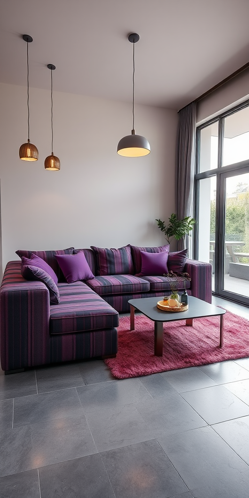 modern living room interior with gray tile flooring, purple and black striped couch, soft cushions, pendant lights, large glass door, natural light, taken with a DSLR camera at f/2.8, ISO 100, 35mm lens, wide-angle view, high-resolution image