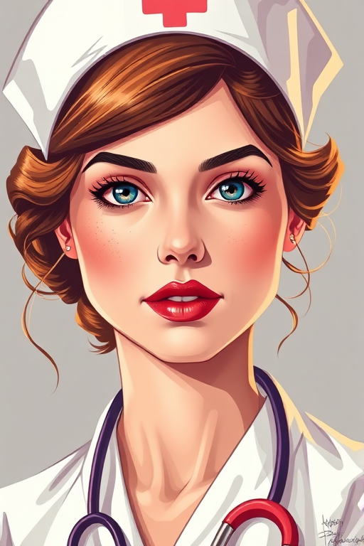 Create a high-resolution digital illustration of a nurse in a vintage style with vibrant colors, using a 50mm lens at f/1.8, ISO 100, natural lighting, shot from a slight low angle to enhance facial features and expressions, in a portrait format.