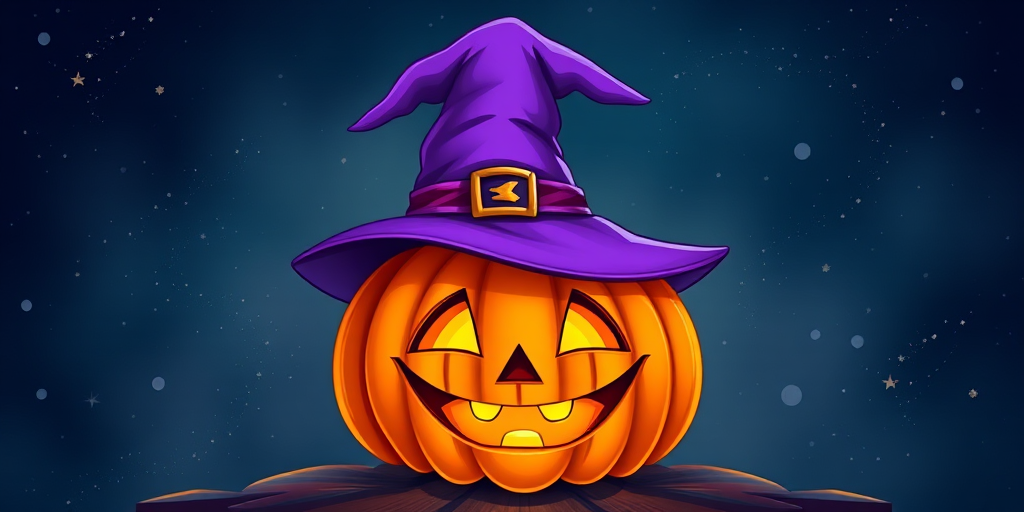 Create an illustration of a Halloween pumpkin with a smiling face and a purple witch's hat, vibrant colors, against a starry night background, using a digital art style, high resolution, with a focus on contrast and brightness, shot using a DSLR camera at f/2.8, ISO 100, and a 50mm lens.