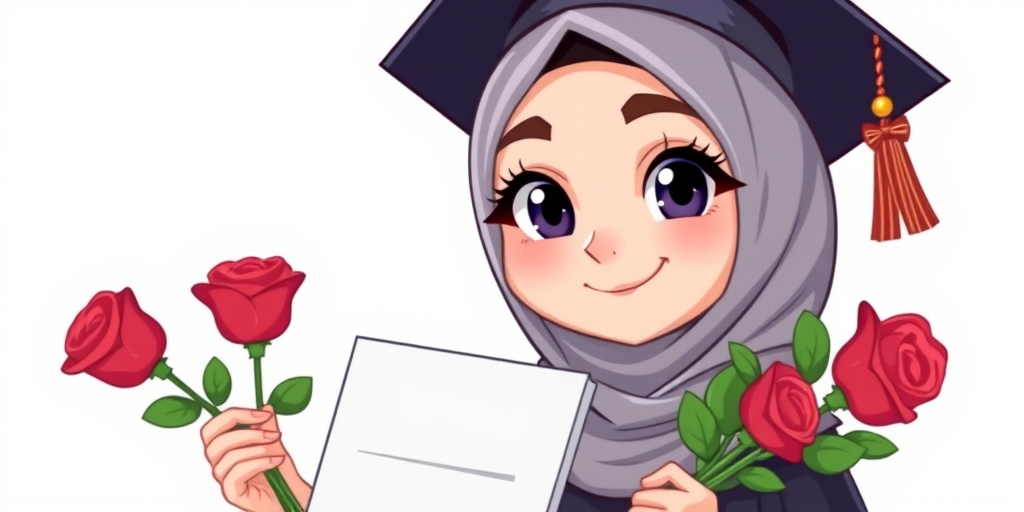 Create a cartoon-style image of a female graduate wearing a hijab, holding a diploma and a bouquet of roses, with a plain white background, using a Canon EOS R5, 50mm lens, f/1.8 aperture, ISO 100, and a soft-focus effect.