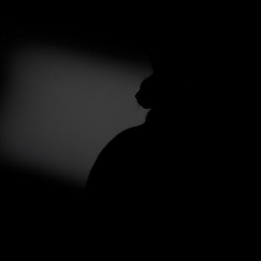 Create a high-contrast silhouette of a cat sitting gracefully, shot with a DSLR camera at f/2.8, ISO 100, 50mm lens, side view, on a black background, emphasizing sharp details and smooth edges.