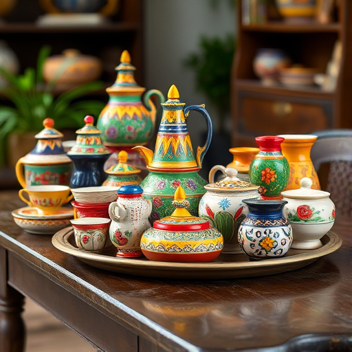 A vibrant collection of hand-painted pottery arranged artistically on an antique wooden table, natural soft lighting, depth of field effect, 50mm lens, f/1.8 aperture, ISO 100, captured with a DSLR camera.