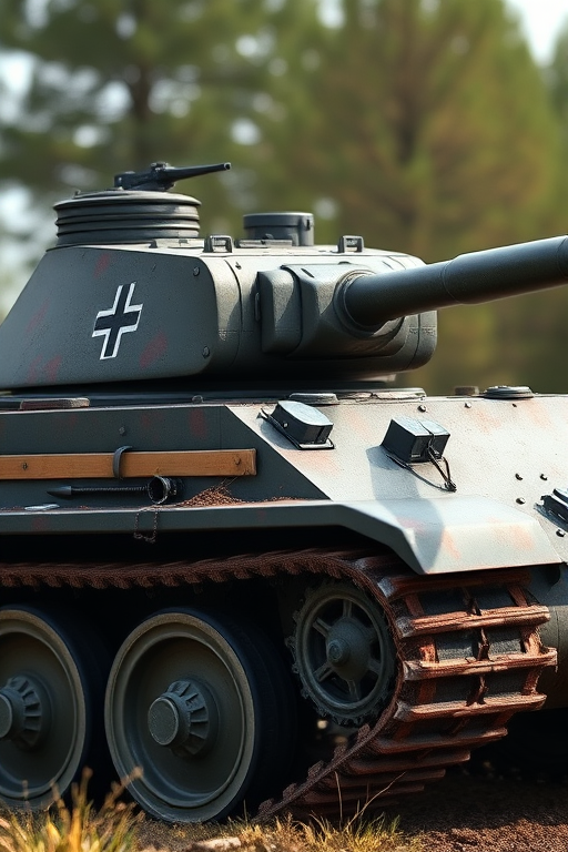 Generate an image of a World War II German tank in a side view with realistic textures and details, using a DSLR camera with a 50mm lens, f/8 aperture, ISO 200, and natural lighting to enhance clarity and color.