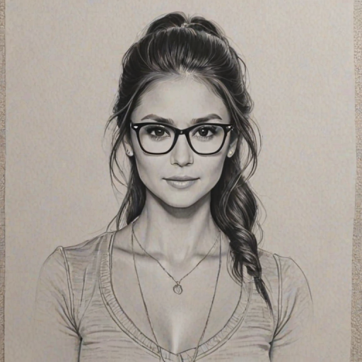 Delightful Nina Dobrev, pencil sketch, portrait of Magnificent woman 1979s in glasses, hair style beatnik, outline, clear lines, fine lines, 8k
