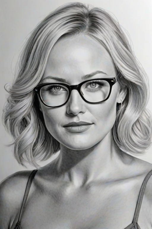 Magnificent Malin Akerman, pencil sketch, portrait of Lovely woman 1936s in glasses, hair style beatnik, outline, clear lines, fine lines, 8k