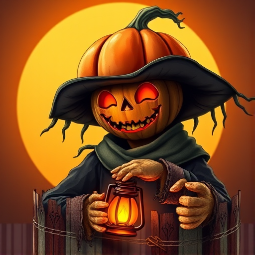 Create a highly detailed, vibrant cartoon image of a Halloween scarecrow with a carved pumpkin head, wearing tattered dark clothes and holding a glowing lantern, set against a warm, circular background, captured with a Canon EOS R5 using a 50mm f/1.2 lens, aperture set to f/2.8, ISO 100, and a slight vignette applied for artistic effect.