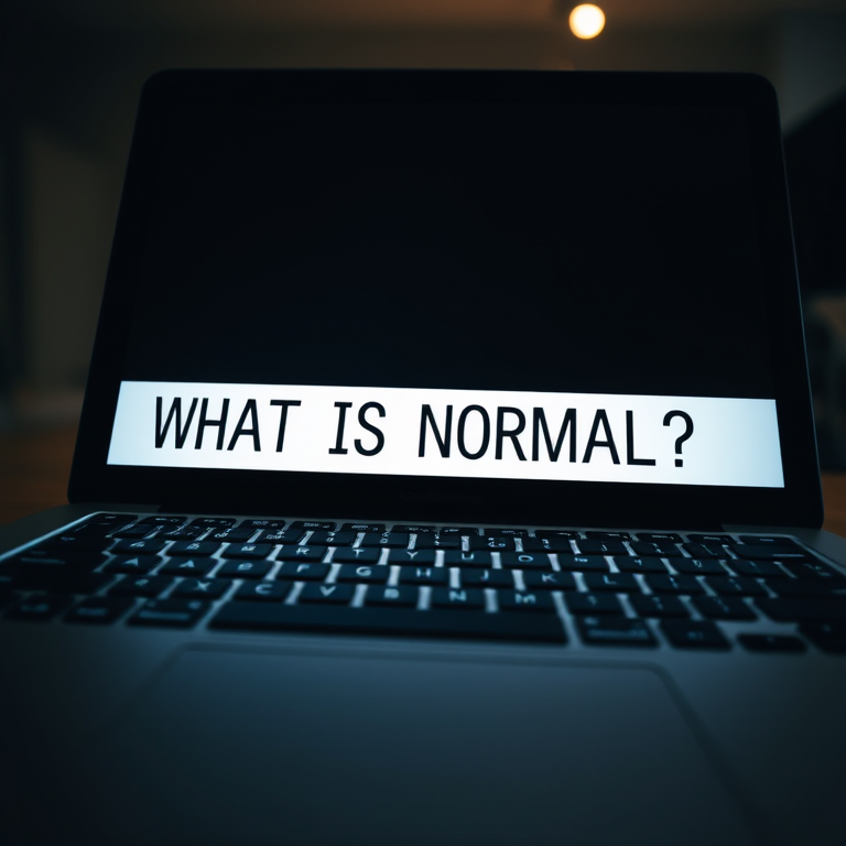 A modern laptop keyboard with the phrase "WHAT IS NORMAL?" prominently displayed, shot with a Canon EOS R5 at f/2.8, ISO 100, 1/125s, in a low-angle view with a soft focus background and soft lighting to enhance the mood.