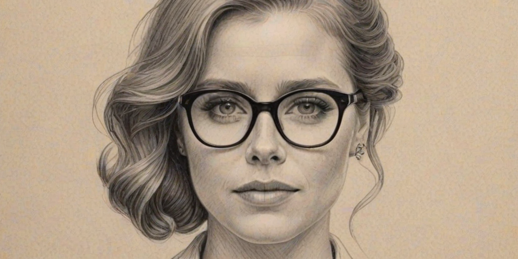 Radiant Amy Adams, pencil sketch, portrait of Comely woman 1926s in glasses, hair style beatnik, outline, clear lines, fine lines, 8k