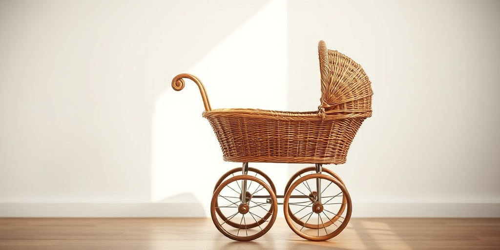 vintage wicker baby carriage on a plain background, shallow depth of field, natural sunlight, ISO 100, aperture f/2.8, 50mm lens, DSLR camera, soft focus, high resolution