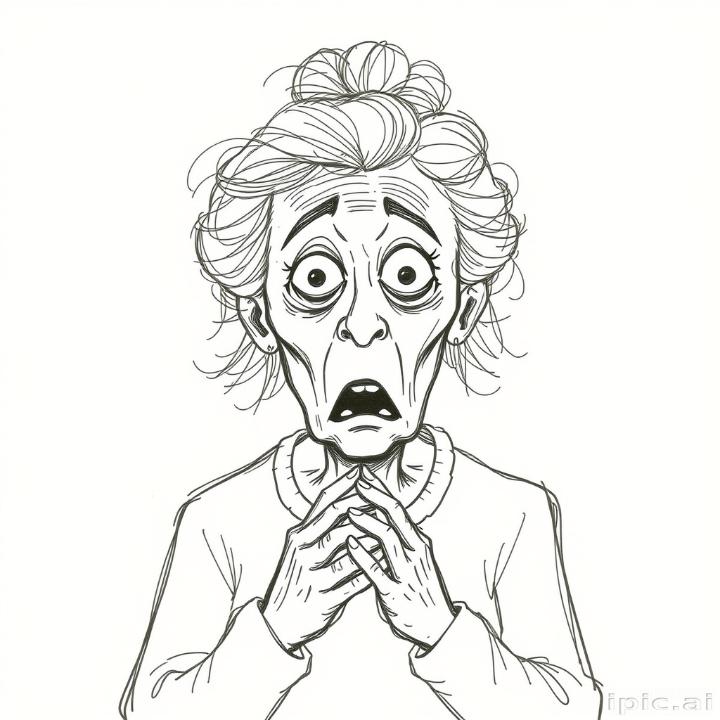 scribbly unfinished sketch, old lady with messy gray hair in a loose bun, surprised expression, mouth open, hands clasped together in front of her chest. Her eyes are wide, eyebrows are furrowed. vibe of shock or surprise.