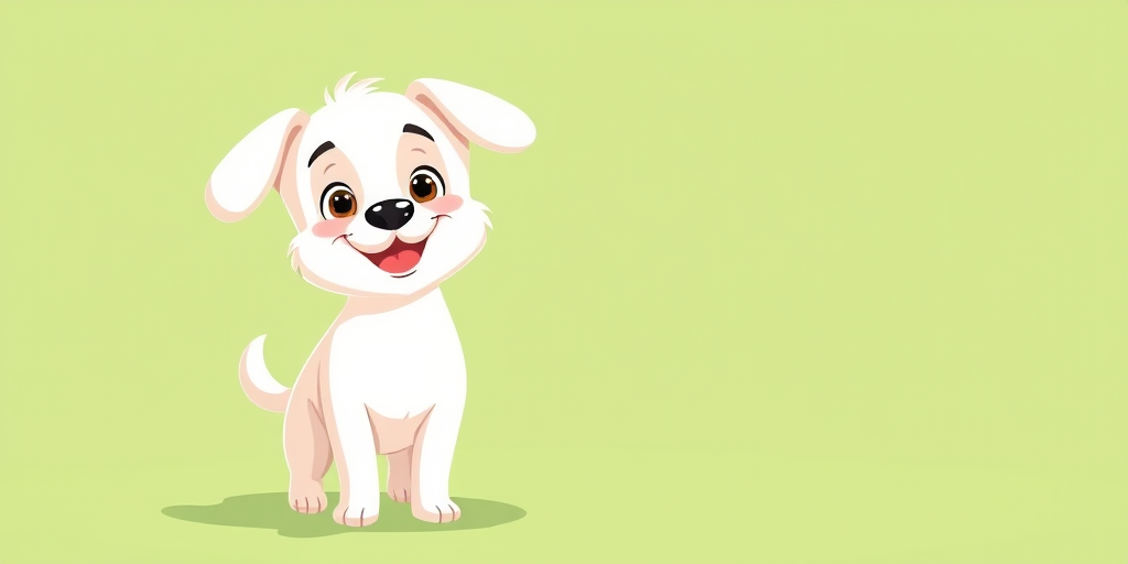Create a cute cartoon-style image of a small white dog with a playful expression, standing on a soft green background, using a DSLR camera with a 50mm lens, aperture f/2.8, shutter speed 1/200s, ISO 100, in a bright and vibrant style.