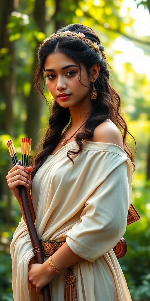 Create a portrait of a goddess-like Nepali girl figure in a tranquil, forested environment. She has an elegant appearance with long, wavy hair styled in an updo and adorned with a delicate, floral headband. She wears a flowing, ancient Greek-inspired gown in a soft, pale color, featuring a one-shoulder design and draped fabric that accentuates her graceful form. The outfit includes a decorative belt with ornate gold detailing, and she holds a bow in her hand, with a quiver of arrows slung over her shoulder. The background depicts lush greenery, with sunlight filtering through the trees, casting a gentle, ethereal light on the scene. Her expression is calm and contemplative, embodying a sense of wisdom and serenity.