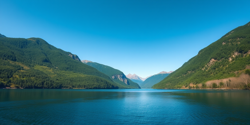 Generate a high-resolution image of a serene landscape featuring a calm lake surrounded by lush green mountains under a clear blue sky, using a DSLR camera with a 24mm lens, ISO 100, aperture f/8, and a shutter speed of 1/250 sec, captured from a wide-angle perspective to enhance depth and detail.