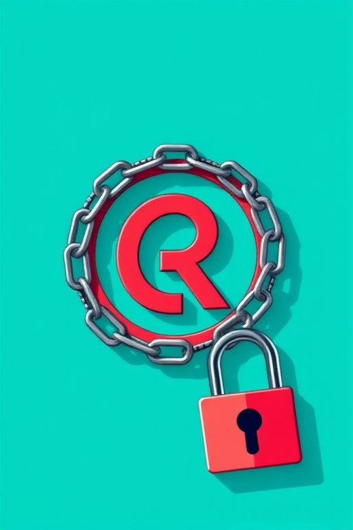 Create an illustration of a copyright symbol surrounded by a chain and padlock, with a solid turquoise background, using a DSLR camera with a 50mm lens, aperture set to f/2.8, ISO 100, and 1/200 shutter speed, in high-resolution vector style.