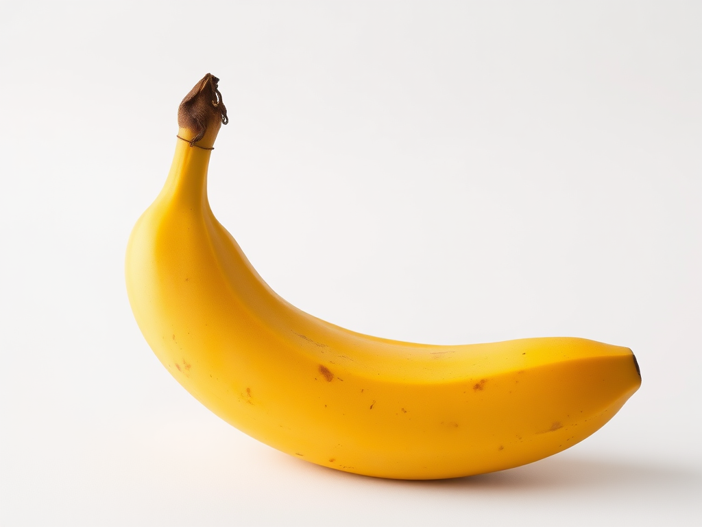 A ripe banana isolated on a simple white background, using a Canon EOS R5 camera with a 50mm lens, aperture set to f/1.8, ISO 100, 1/200s shutter speed, in natural soft lighting for enhanced color and detail.