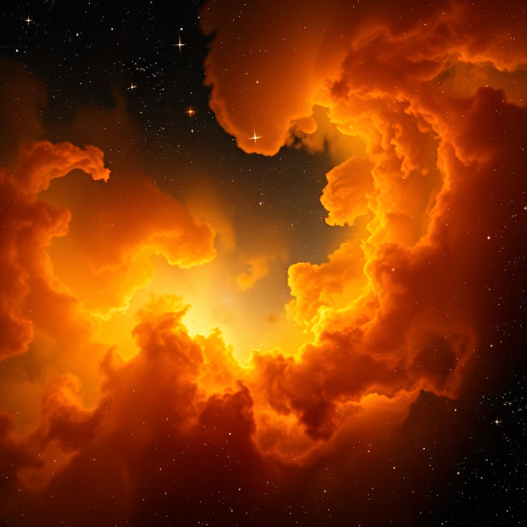 Generate a high-resolution image of a vibrant nebula with swirling clouds of golden and orange hues surrounded by stars, using a DSLR camera with a 24mm lens, aperture f/2.8, ISO 100, 1/500s shutter speed, shot from a wide-angle perspective, and edited for enhanced contrast and clarity.