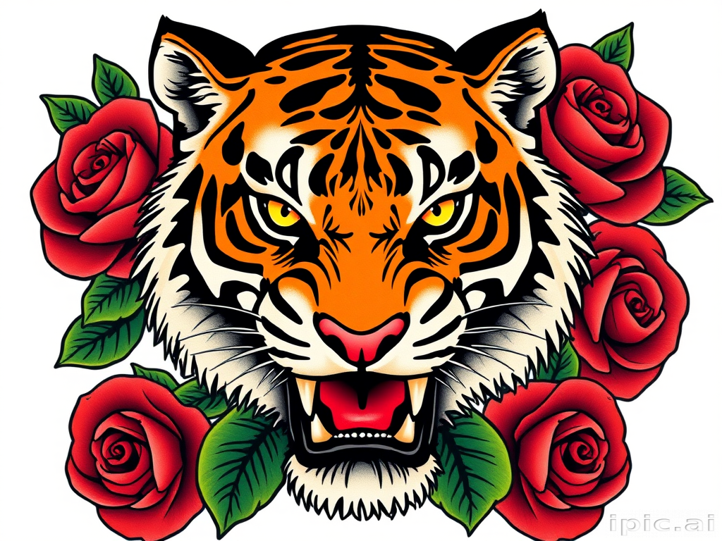 Bold traditional American tattoo of a fierce tiger head with vibrant yellow eyes, surrounded by red roses and green leaves, utilizing thick outlines and solid color fills for a classic, timeless appearance