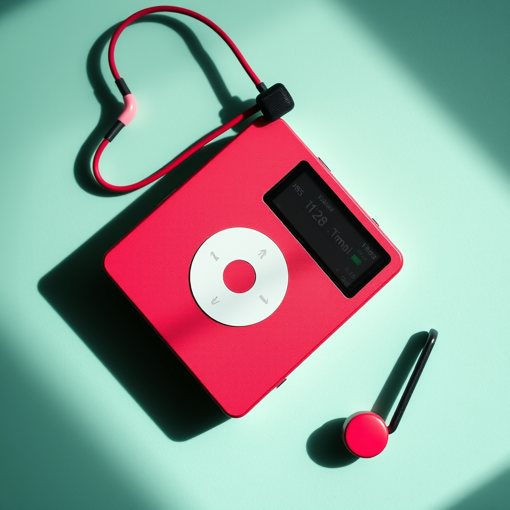 digital mp3 player, flat lay top view, high-resolution, natural lighting, f/2.8 aperture, 1/60 shutter speed, ISO 100, DSLR camera
