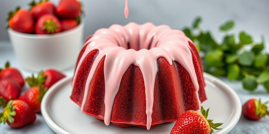 Generate an image of a red velvet bundt cake with a smooth pink icing drizzled on top the cake should be displayed on a white plate with a blurred background featuring fresh strawberries and greenery for a vibrant and inviting look.