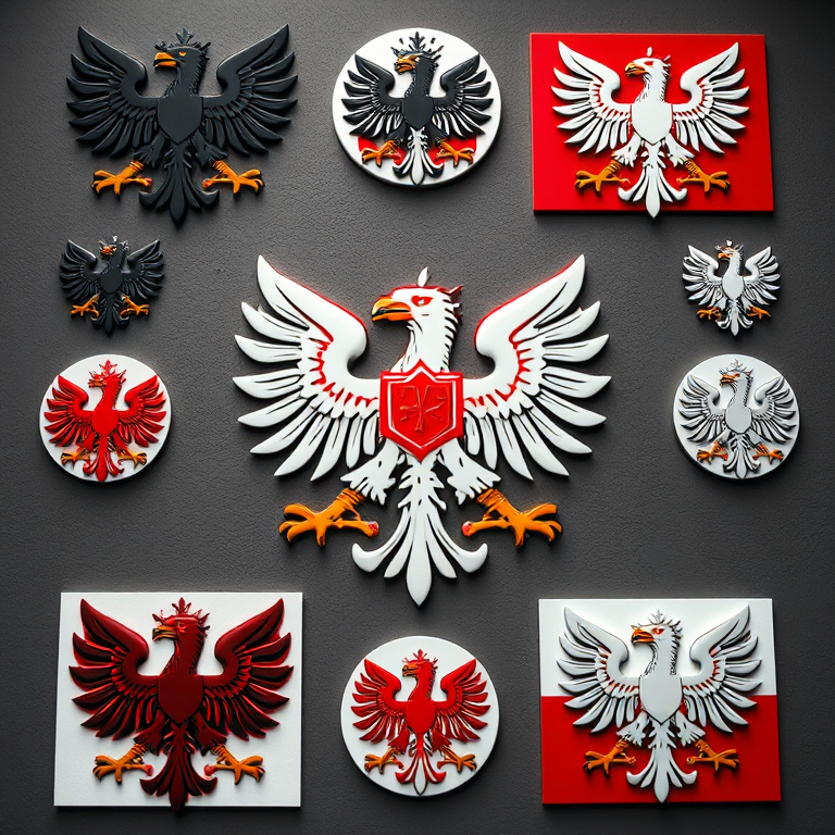 Create a high-resolution graphic featuring various designs of the Polish eagle emblem, using a flat lay camera view with a Canon EOS R5, aperture f/8, ISO 100, and a slight overhead angle to enhance depth and detail.