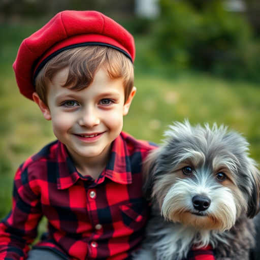 Capture a young boy with short brown hair wearing a red beret and a red and black checkered shirt, smiling while sitting next to a fluffy gray and white dog in a grassy outdoor setting, with a blurred natural background; camera settings: aperture f/2.8, ISO 100, shutter speed 1/250s; camera view: eye level, camera style: portrait, camera type: DSLR.