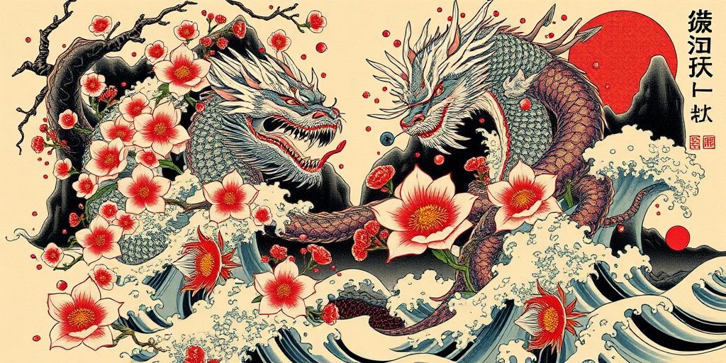 Japanese irezumi tattoo called "Legends of the East" featuring a full-body design of mythical creatures, cherry blossoms, and crashing waves, revered for its traditional symbolism and harmonious composition