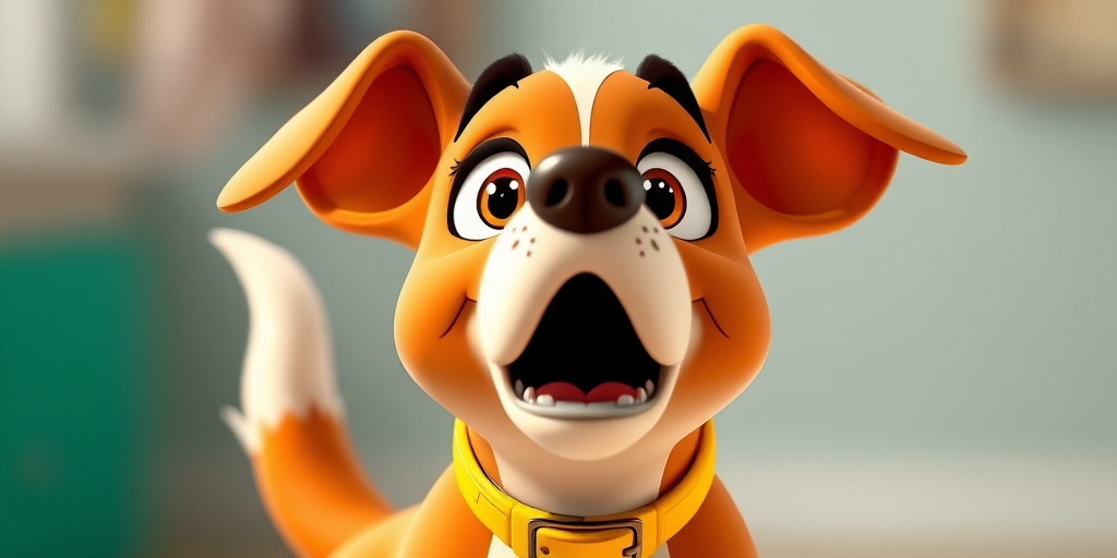 A cartoon-style dog with a surprised expression and a yellow collar, captured with a DSLR camera at f/2.8 aperture, ISO 200, and 50mm lens, using a shallow depth of field and bright lighting to enhance colors and details.