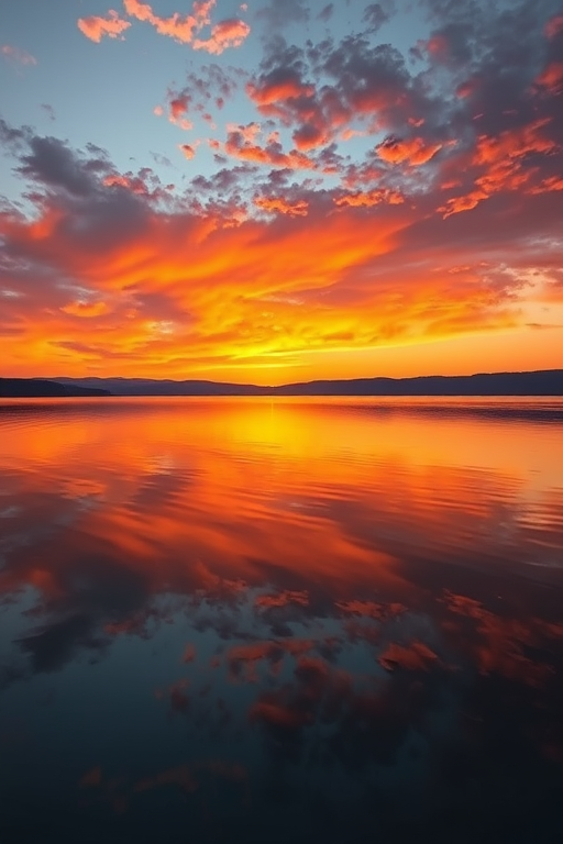 Create a high-resolution image of a serene sunset over a tranquil lake, captured with a Canon EOS R5, 24mm lens, f/8 aperture, ISO 100, using a wide-angle perspective to emphasize the vibrant colors in the sky and the calm water reflection.