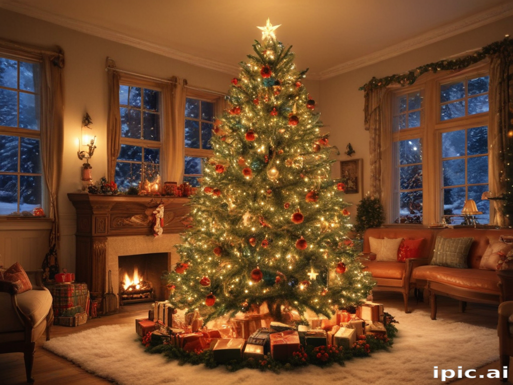 Cozy Winter Evening with a Beautifully Decorated Christmas Tree and Gifts