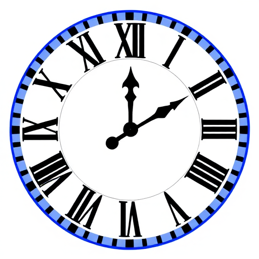 Create a digital illustration of a stylized clock face with Roman numerals in black and a circular border in blue, using a DSLR camera with a 50mm lens, aperture set to f/2.8, ISO 100, and soft diffused lighting from the left side.