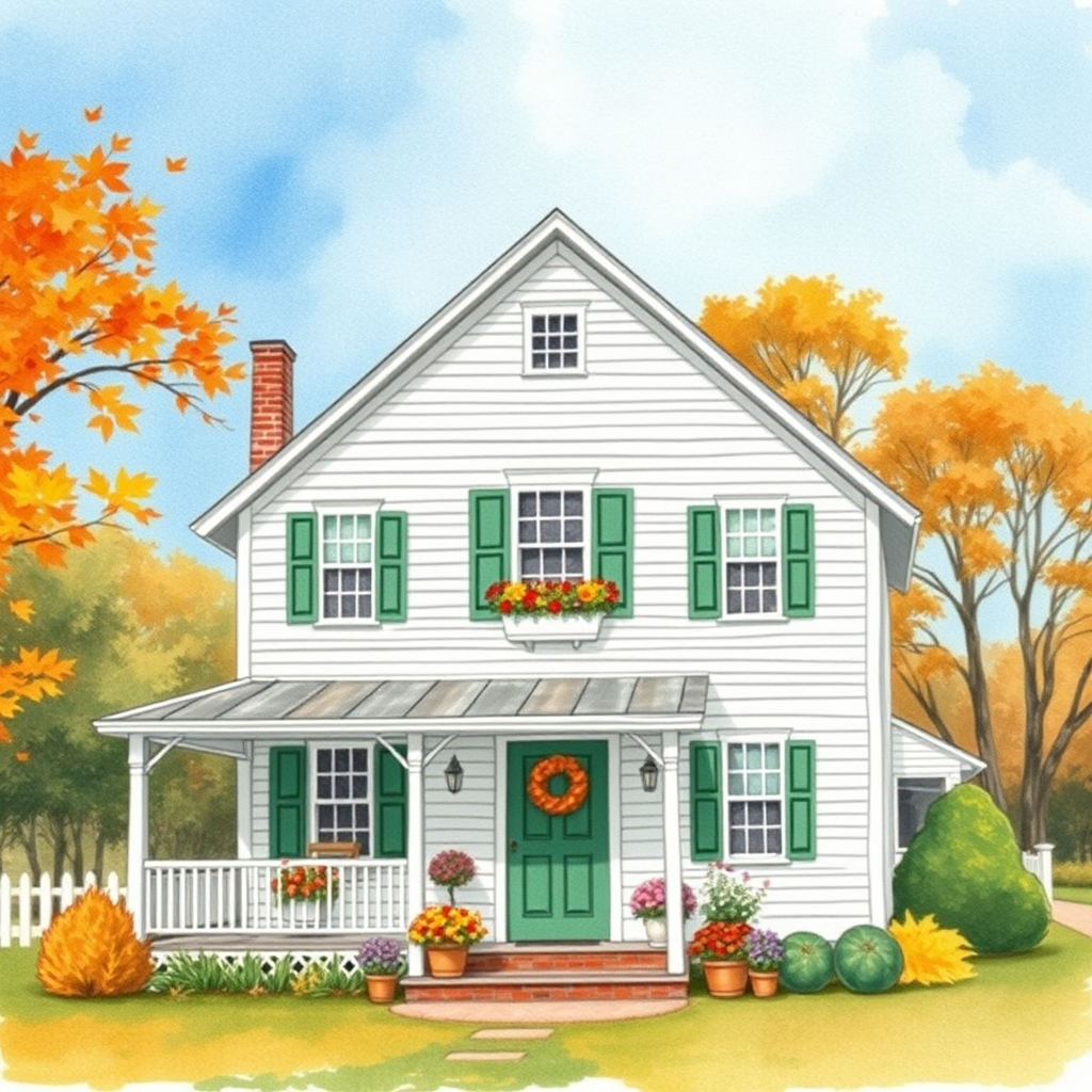 a white farmhouse with green shutters, vintage feel, blue sky, trees in autumn color, leaves slightly blowing in the breeze, colorful autumn flowers in pots on the front porch of the farmhouse, watercolor
