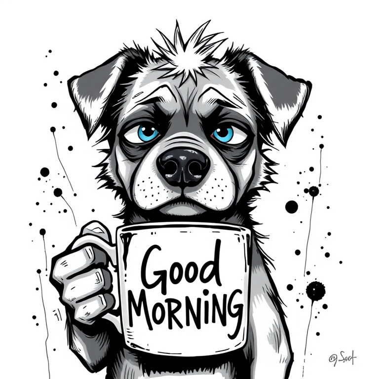 A quirky, artistic illustration of a disheveled akita pit dog breed with exaggerated, large eyes and spiky fur, holding a coffee mug that reads "Good Morning". The dog has a tired but humorous expression, with ink splatters and abstract details surrounding it, giving a whimsical feel to the image. The color palette is mostly monochrome with hints of blue in the eyes and steam rising from the mug, enhancing the overall sleepy vibe