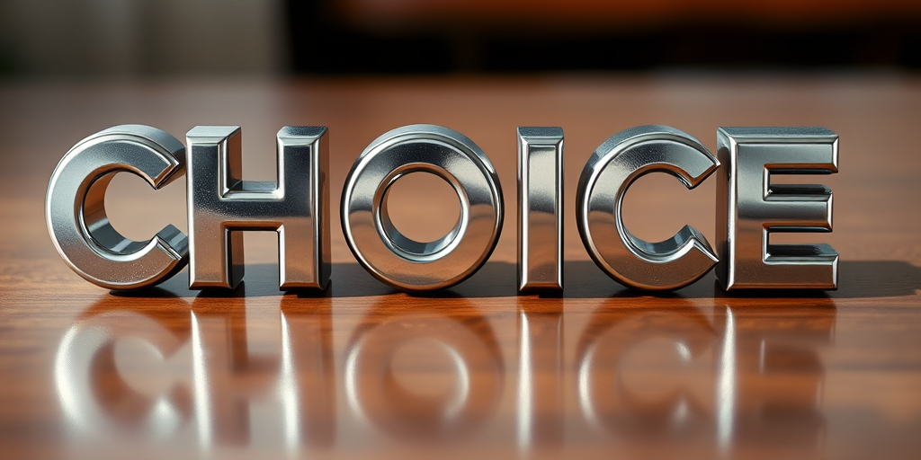 create a 3D metallic text rendering of the word CHOICE with a clear reflection effect, soft focus background, using a DSLR camera with a 50mm lens at f/1.8, ISO 100, and 1/200 shutter speed under natural lighting.