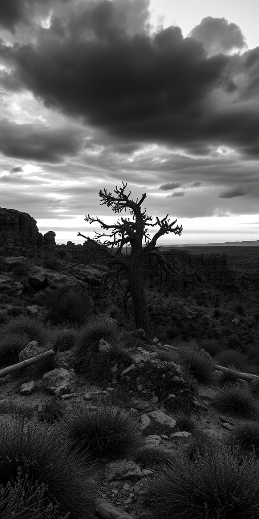 Capture a dramatic black and white landscape of a solitary tree against rocky formations under a moody sky at sunset, using a DSLR camera with a 50mm lens, aperture f/8, ISO 100, shutter speed 1/125 sec, and focus on contrast and texture to enhance depth.