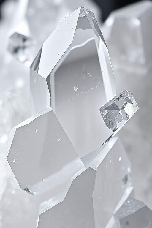 Generate an image of a large crystal formation with sharp, reflective edges and intricate details, captured in macro view using a Canon EOS R5 with a 100mm f/2.8L macro lens, aperture set to f/8, ISO 100, and a soft diffused lighting setup to enhance clarity and highlights.